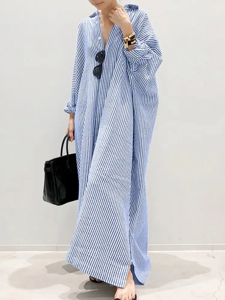 Alice™ - Stylish Puff Sleeve Stripe Printed Maxi Dress