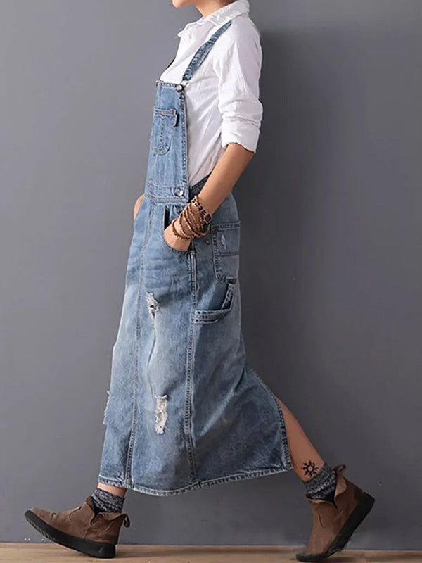 Grace™ - Denim Dungaree Dress with Back Split