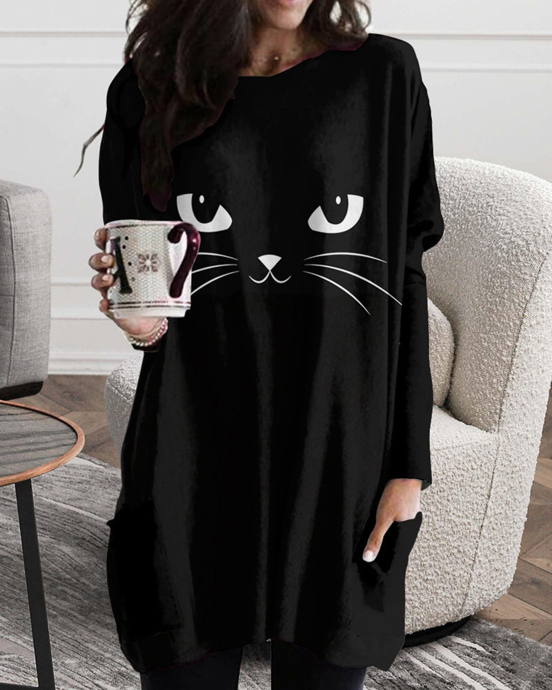 Cozy Modern Long Shirt With Cat Print