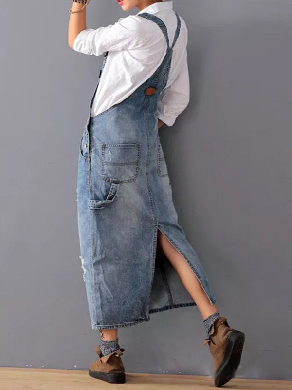 Grace™ - Denim Dungaree Dress with Back Split