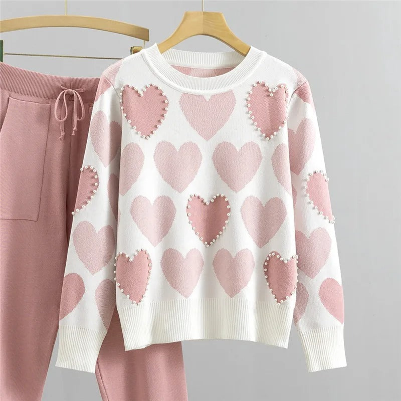 Mila™ - Comfortable Heart Print Knitted Pajama Set