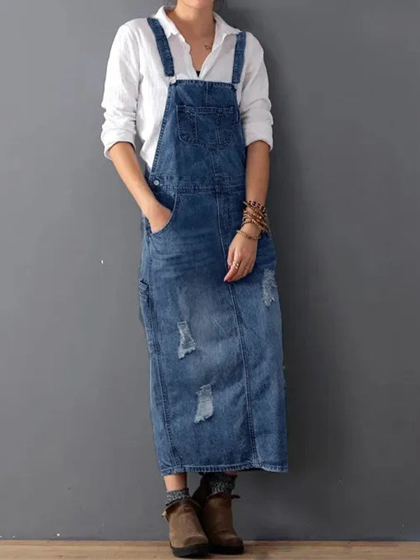 Grace™ - Denim Dungaree Dress with Back Split