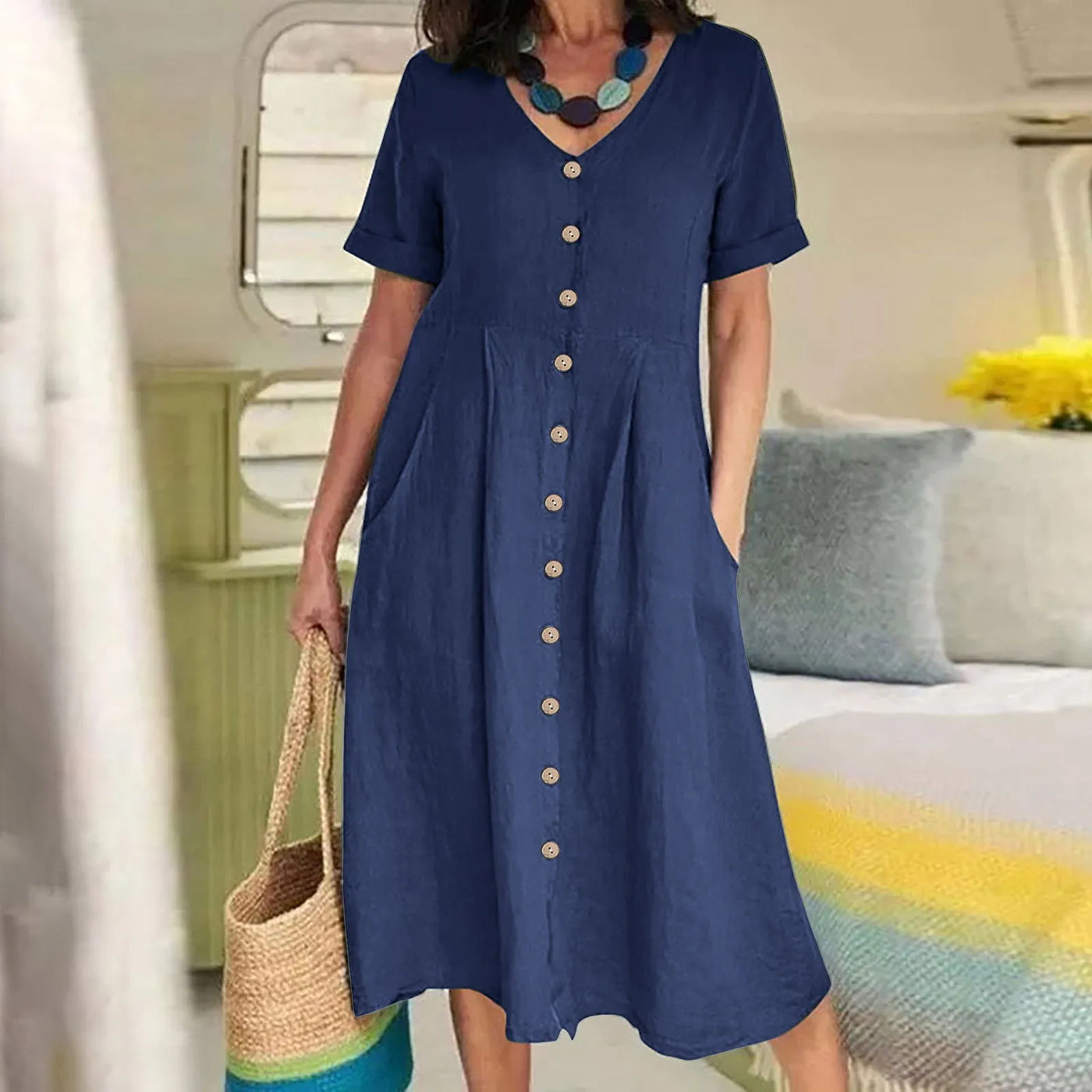 Rosie™ - Retro V-Neck Cotton Linen Loose Summer Dress