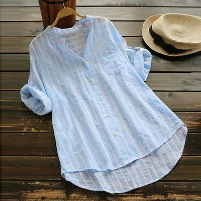 Mila™ - Cotton Linen Striped Long Sleeve Shirt