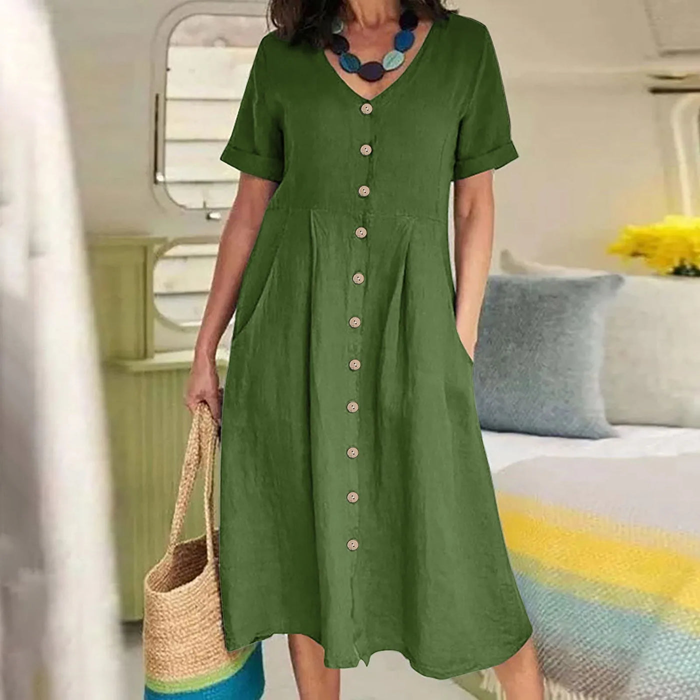 Rosie™ - Retro V-Neck Cotton Linen Loose Summer Dress