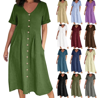 Rosie™ - Retro V-Neck Cotton Linen Loose Summer Dress