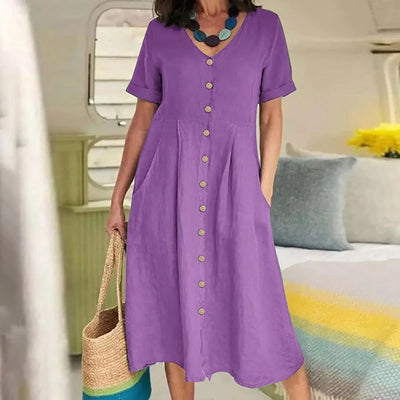 Rosie™ - Retro V-Neck Cotton Linen Loose Summer Dress