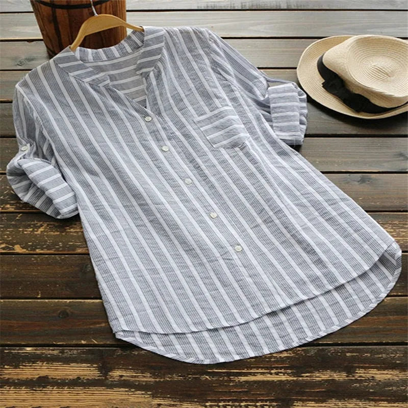 Mila™ - Cotton Linen Striped Long Sleeve Shirt