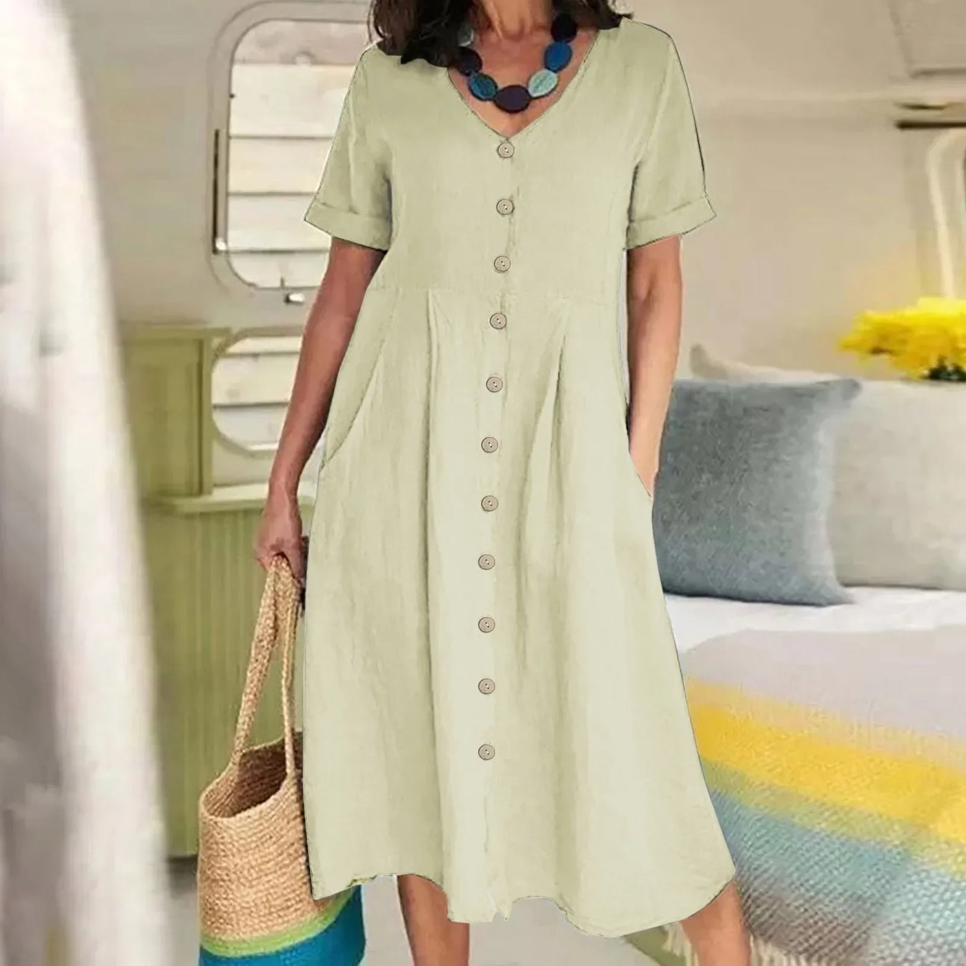 Rosie™ - Retro V-Neck Cotton Linen Loose Summer Dress