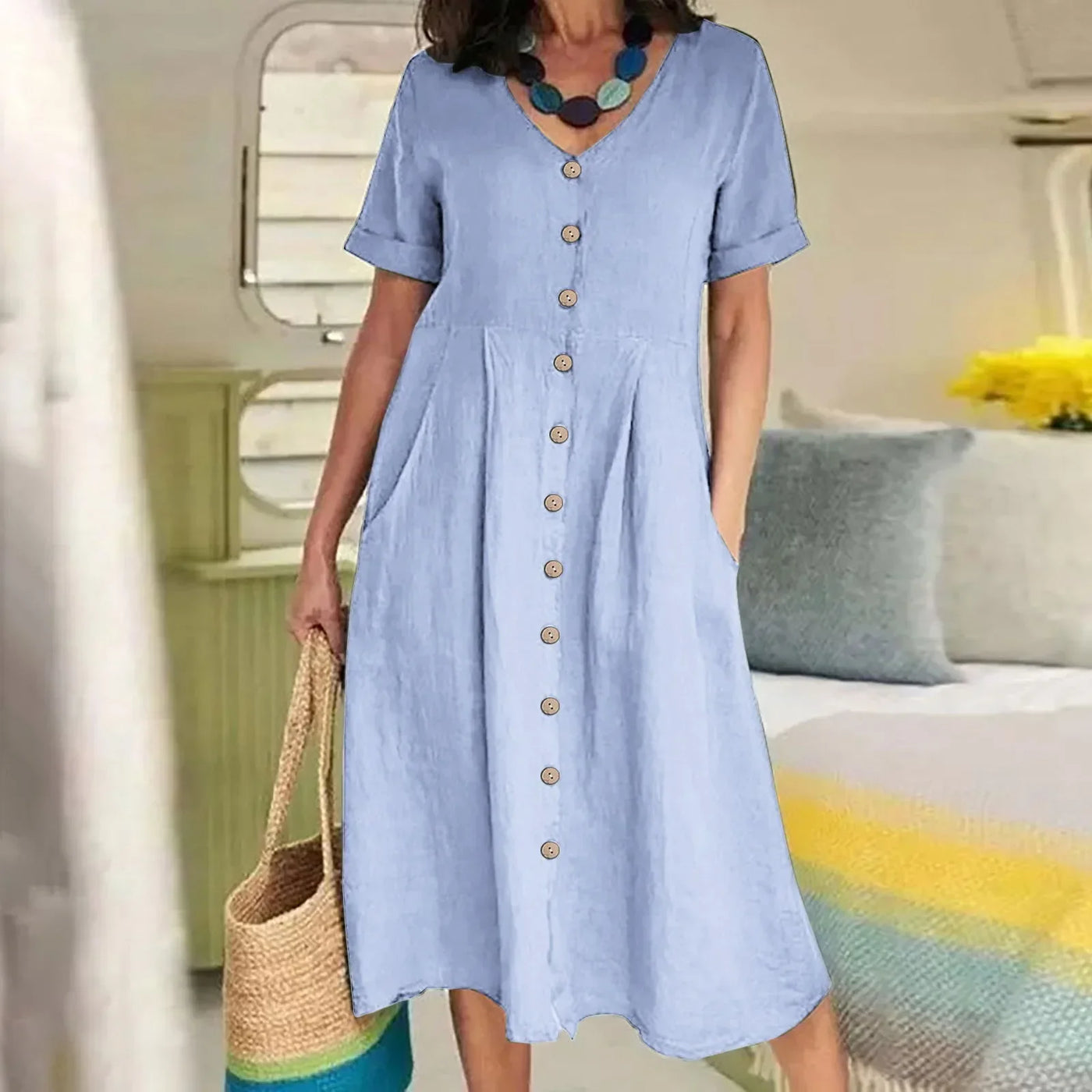 Rosie™ - Retro V-Neck Cotton Linen Loose Summer Dress