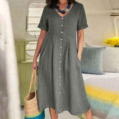 Rosie™ - Retro V-Neck Cotton Linen Loose Summer Dress