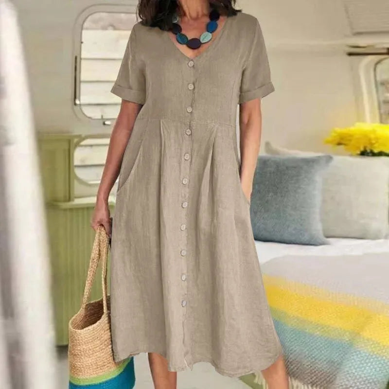 Rosie™ - Retro V-Neck Cotton Linen Loose Summer Dress