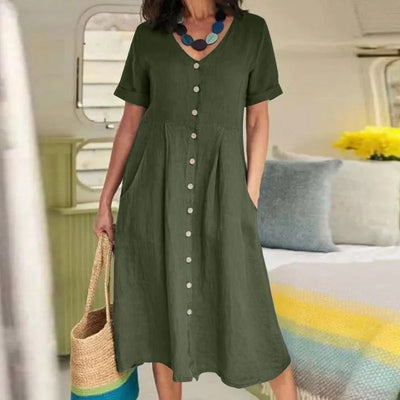 Rosie™ - Retro V-Neck Cotton Linen Loose Summer Dress