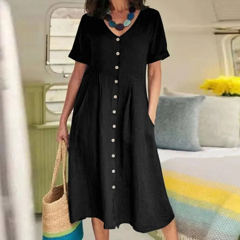 Rosie™ - Retro V-Neck Cotton Linen Loose Summer Dress