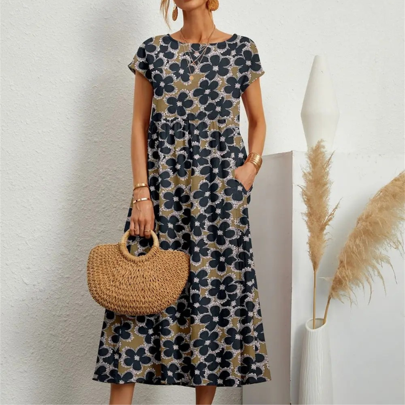 Holly™ - Stylish O-neck Printed Dress with Pockets