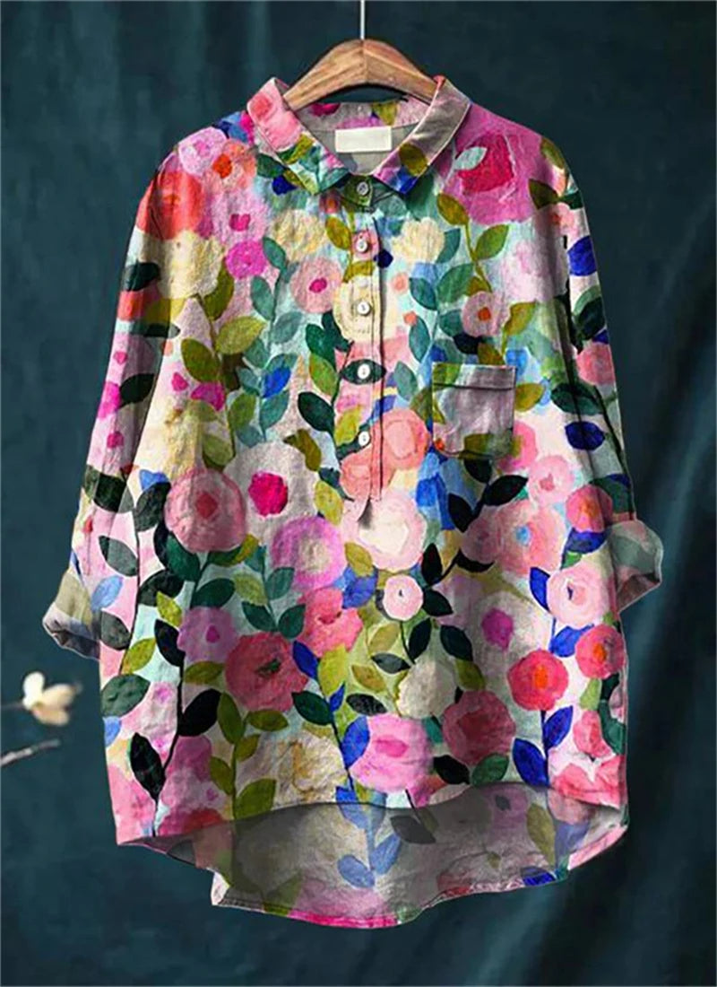 Flora™ - Vintage Colorful Floral Art Print Cotton Linnen Shirt