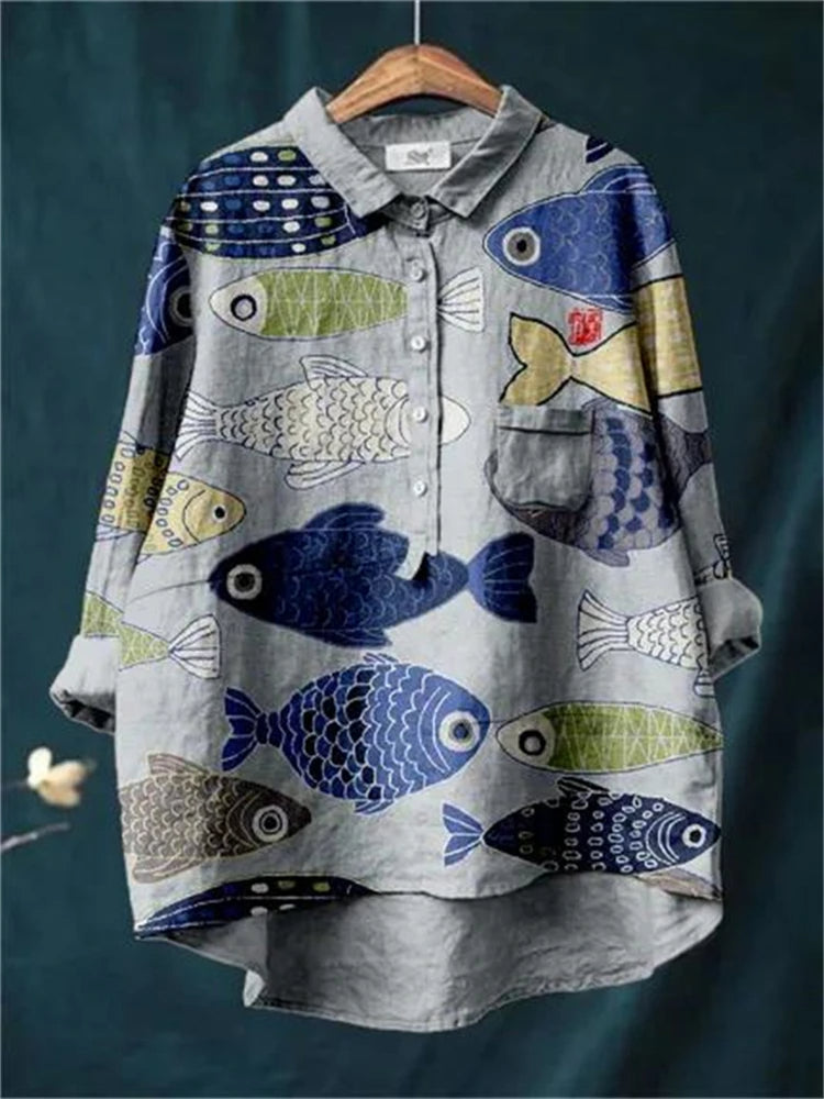 Sophia™ - Vintage Fish Sardines Art Print Cotton Linnen Shirt