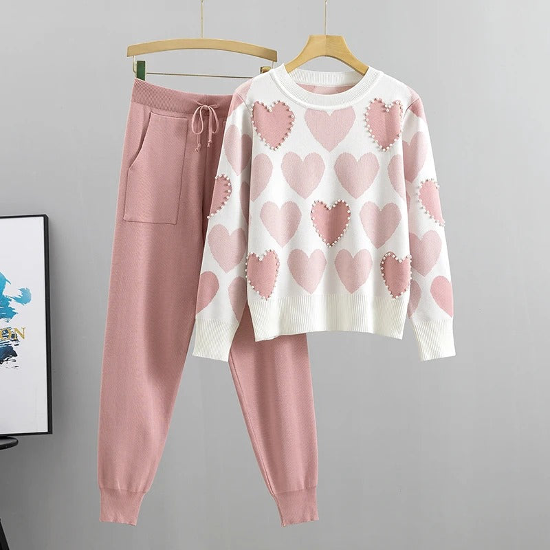 Mila™ - Comfortable Heart Print Knitted Pajama Set