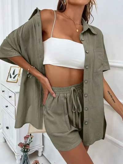 Sophia™ - Comfortable Linen Shirt and Shorts Set