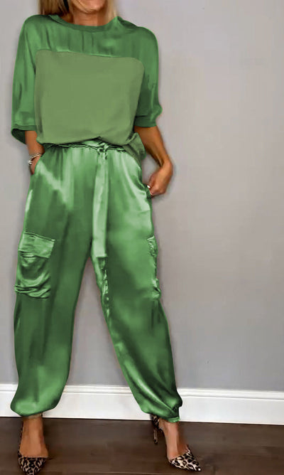 Olivia™ - Smooth Satin Half-sleeved Top and Pant Set