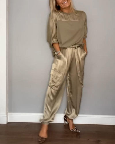 Olivia™ - Smooth Satin Half-sleeved Top and Pant Set