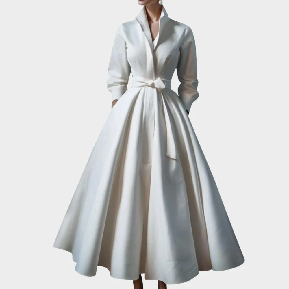 Ivy™ - Minimalist Stand Collar A-Line Long Dress